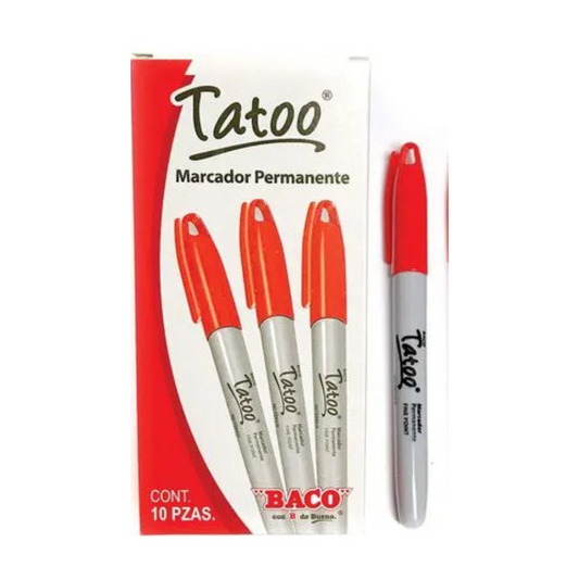 Marcador Permanente Tatoo Rojo 10 piezas BACO