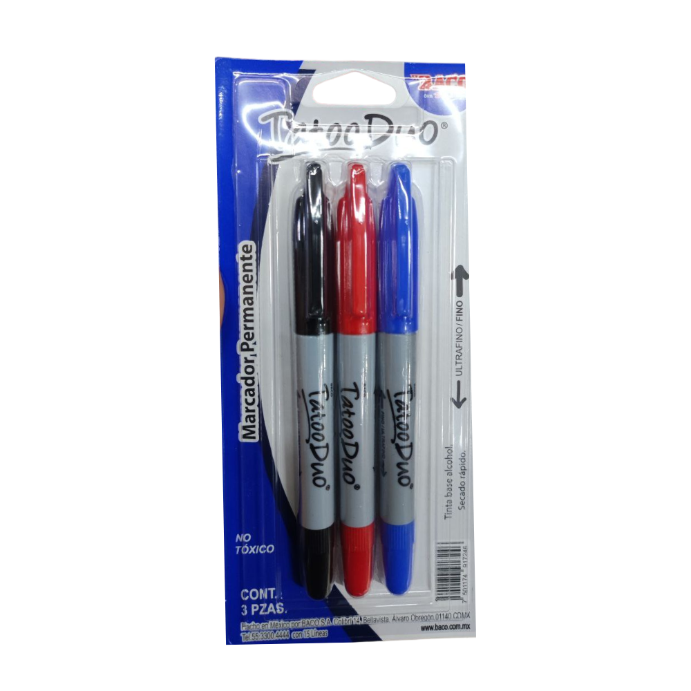 Marcador Permanente Tatoo Duo Negro, Azul y Rojo Blíster 3 piezas BACO