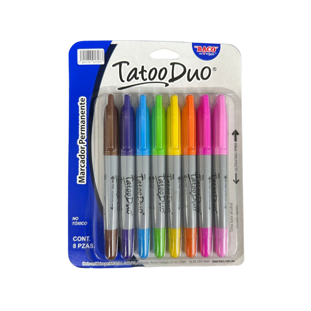 Marcador Permanente Tatoo Duo Colores Surtidos 8 piezas BACO