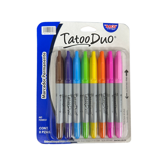 Marcador Permanente Tatoo Duo Colores Surtidos 8 piezas BACO