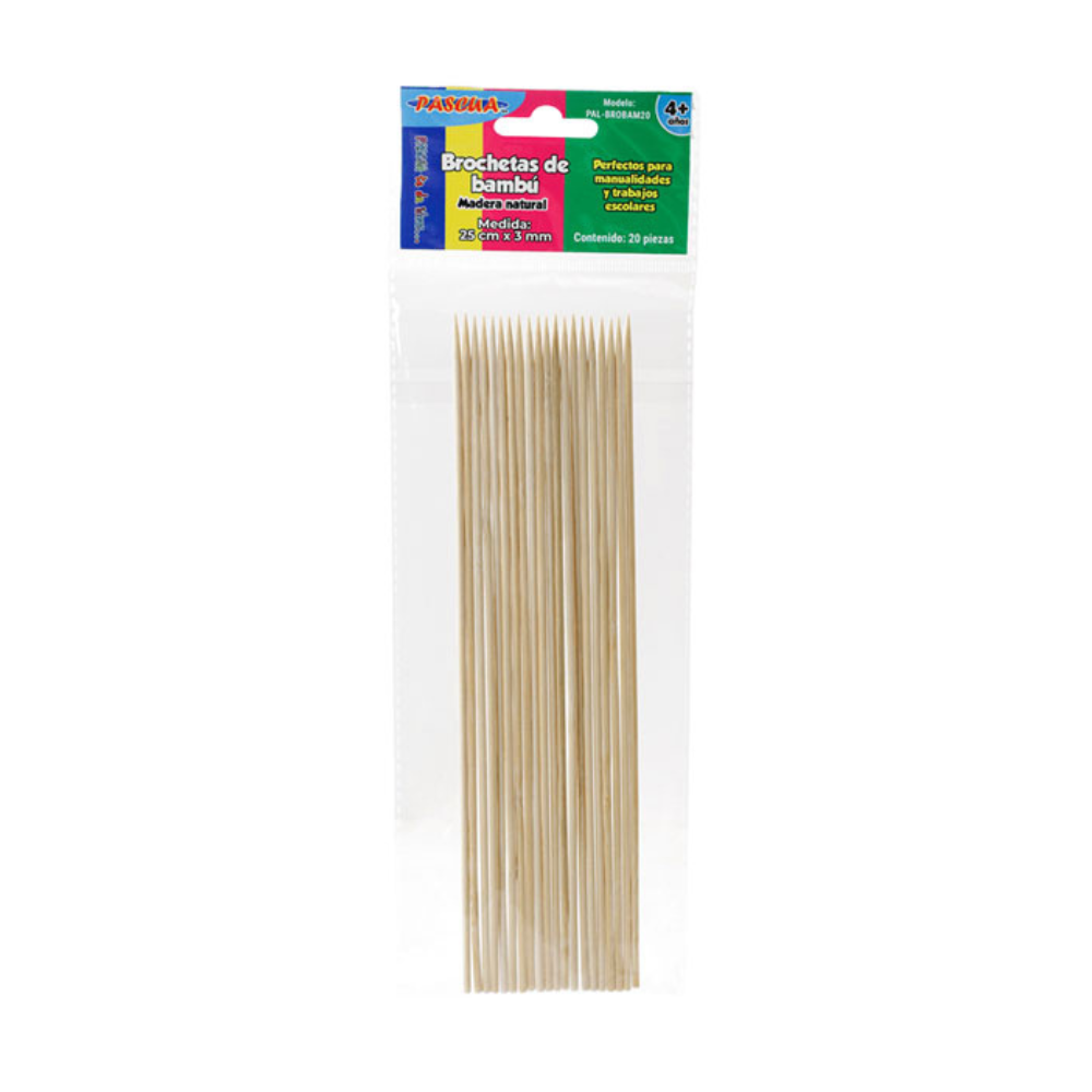 Brochetas de Bambu Madera Natural 20 piezas 25cm x 3mm Pascua