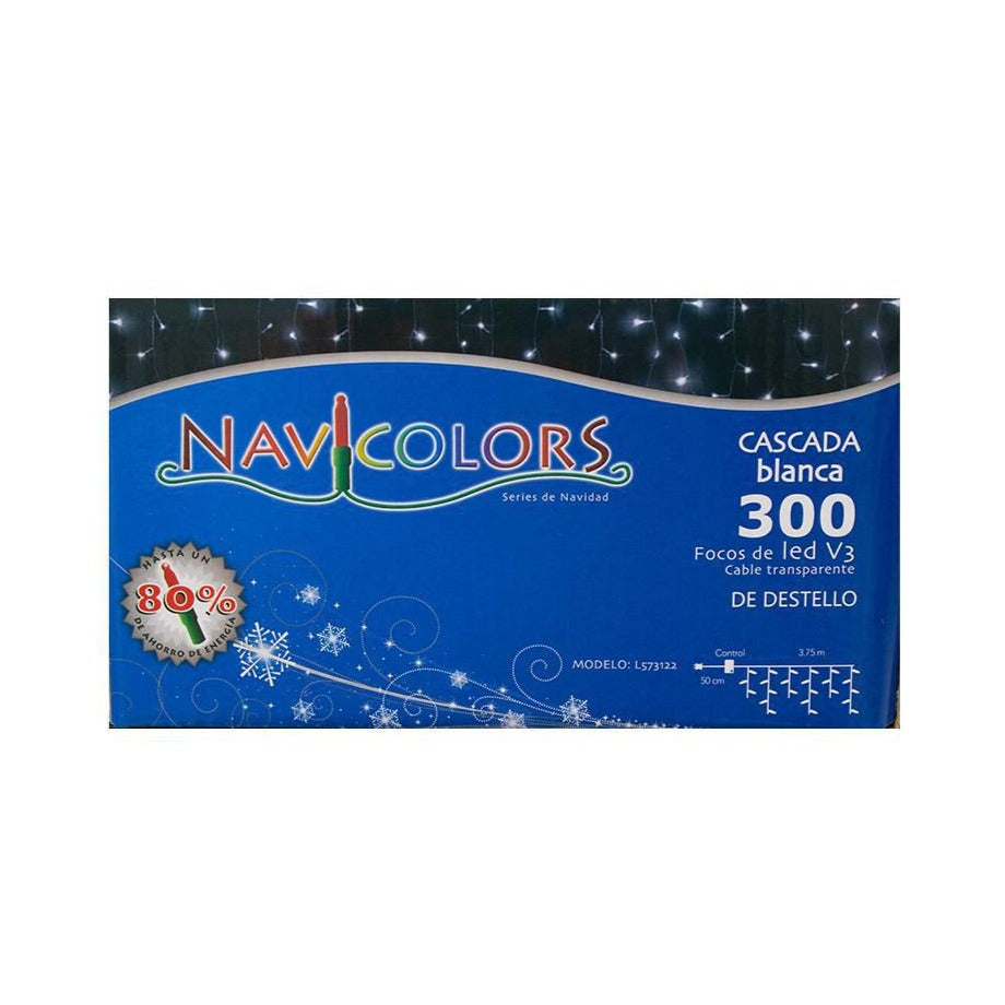 Luces Navideñas 300L Led V3 Cascada Blanca Destello Cable TransParente Navicolors