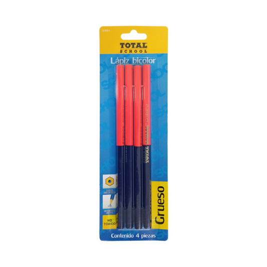 Lapiz Bicolor Grueso Rojo y Azul Blíster 4 piezas Total School