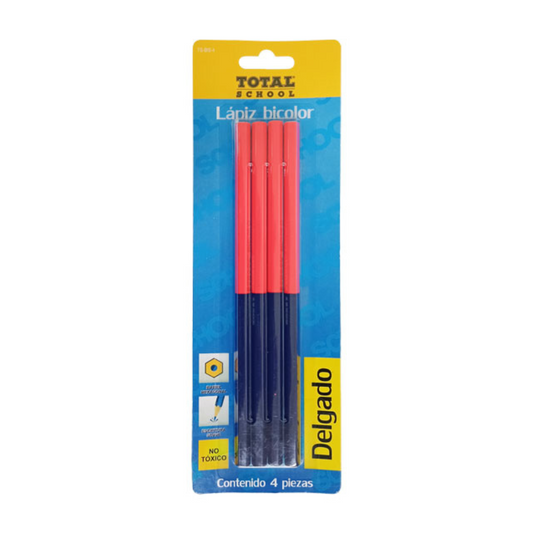 Lápiz Bicolor Delgado Rojo Azul 4 piezas Total School