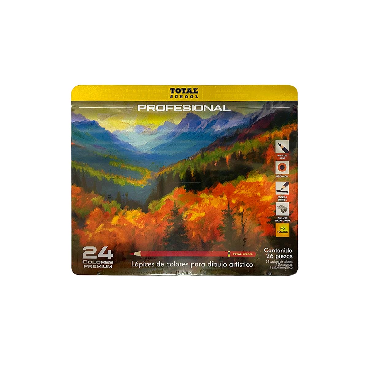 Colores Largos 24 piezas Profesional Estuche Metal con Sacapuntas Total School