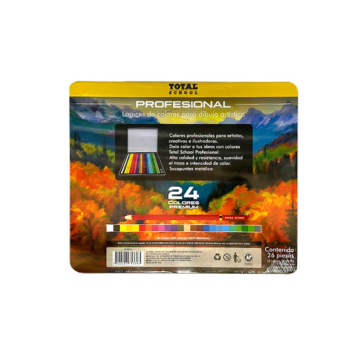 Colores Largos 24 piezas Profesional Estuche Metal con Sacapuntas Total School