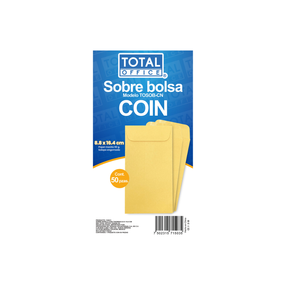 Sobre Manila Coin Tamaño Nomina 8.8 x 16.4 cm 90grs 50 piezas Total Office