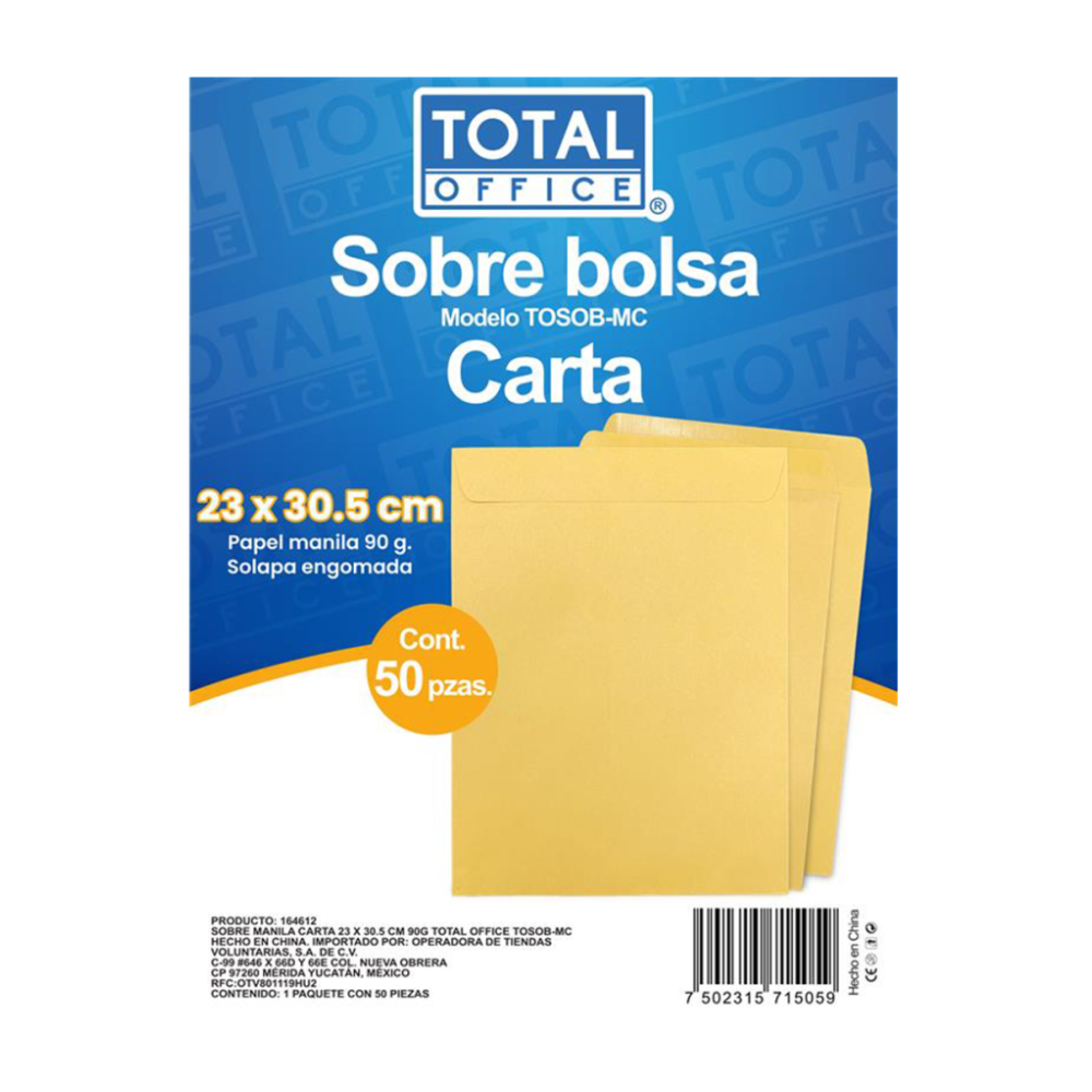 Sobre Manila Carta 23 x 30.5 cm 90grs 50 piezas Total Office