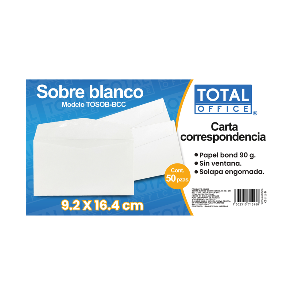 Sobre Blanco Carta Correspondencia 9.2 x 16.4 cm 90grs 50 piezas Total Office