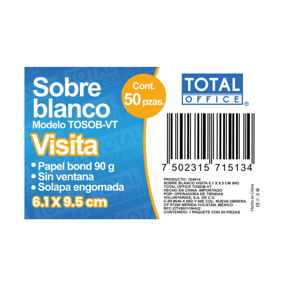 Sobre Blanco Visita 6.1 x 9.5 cm 90grs 50 piezas Total Office