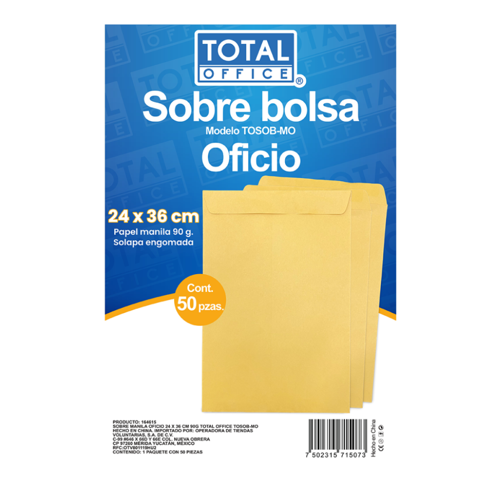 Sobre Manila Oficio 24 x 36 cm 90grs 50 piezas Total Office