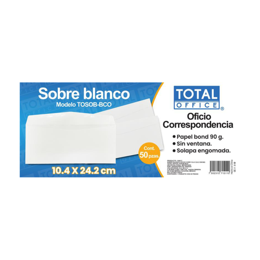 Sobre Blanco Oficio Correspondencia 10.4 x 24.2 cm 90grs 50 piezas Total Office