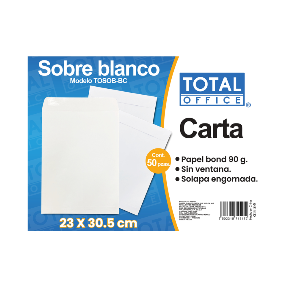 Sobre Blanco Carta 23 x 30.5 cm 90grs 50 pieza Total Office