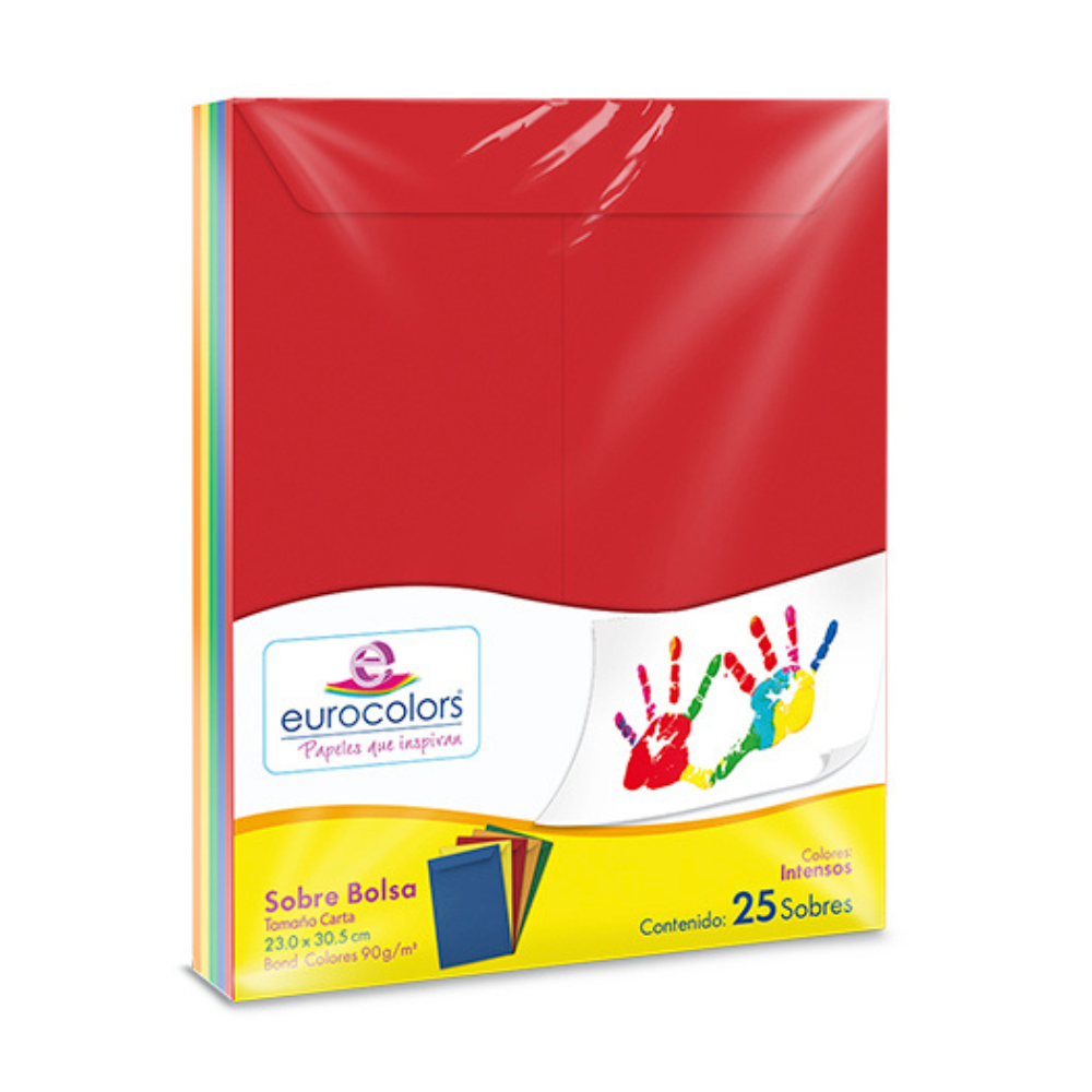 Sobre de Colores Carta 23 x 30.5 cm 90 grs 25 piezas 5 Colores Eurocolors