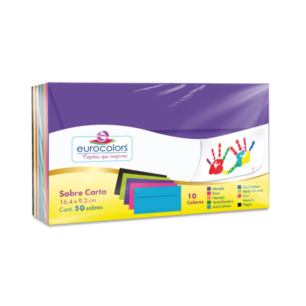 Sobre de Colores Carta 9.2 x 16.4 cm 90 grs 50 piezas 10 Colores Eurocolors