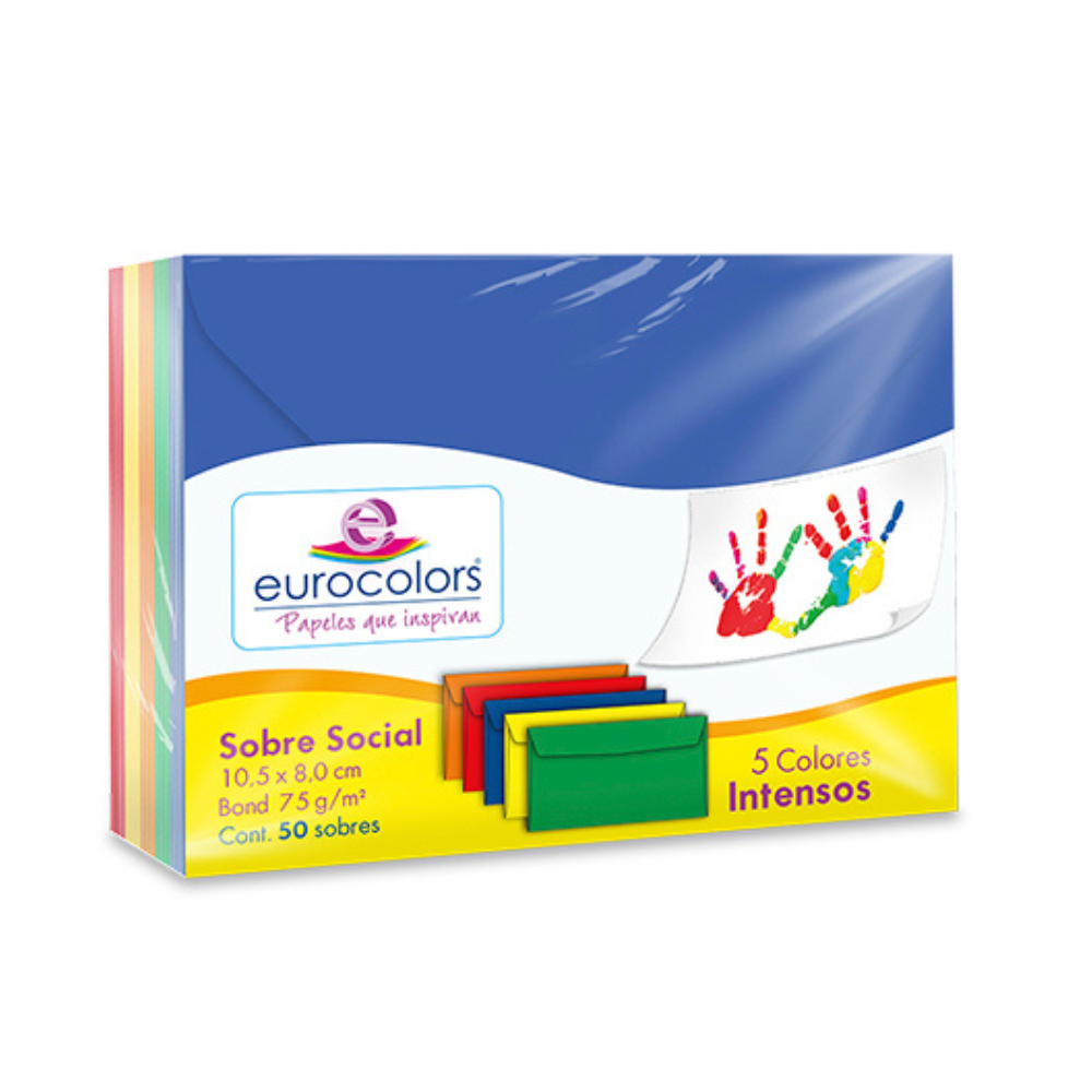 Sobre de Colores Social 10.5 x 8 cm 90 grs 50 piezas 5 Colores Eurocolors