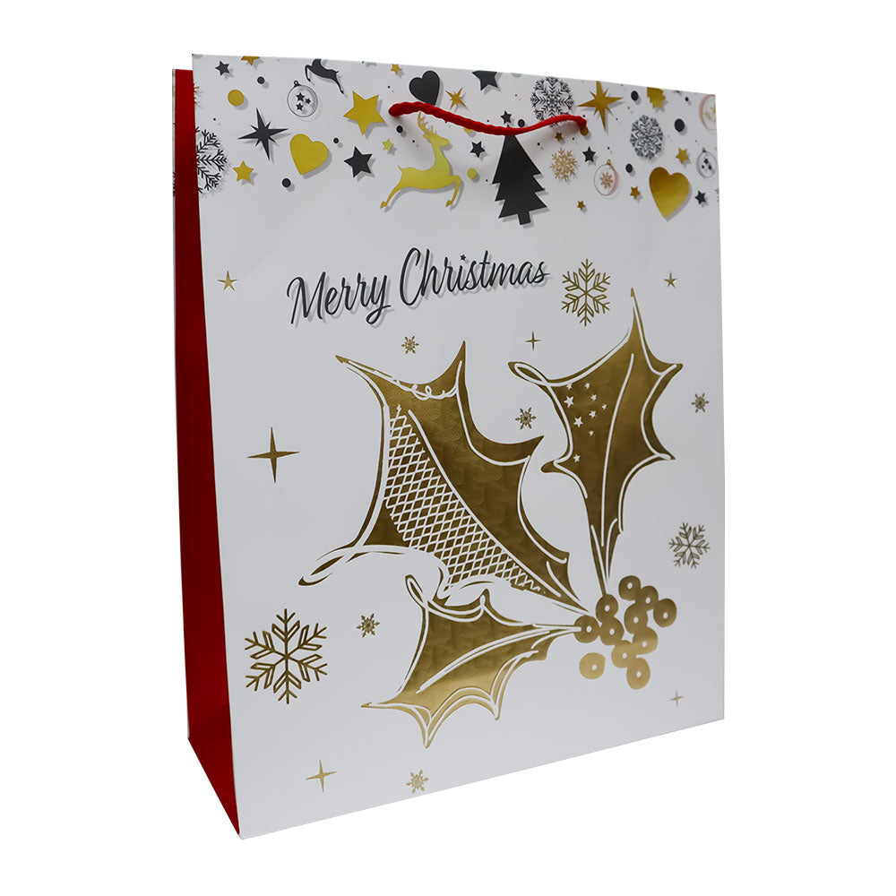 Bolsa de Regalo Navideño Blanca Estampado Dorado Varios Modelos 32 x 26 x 10 cm 1 pieza ITrade