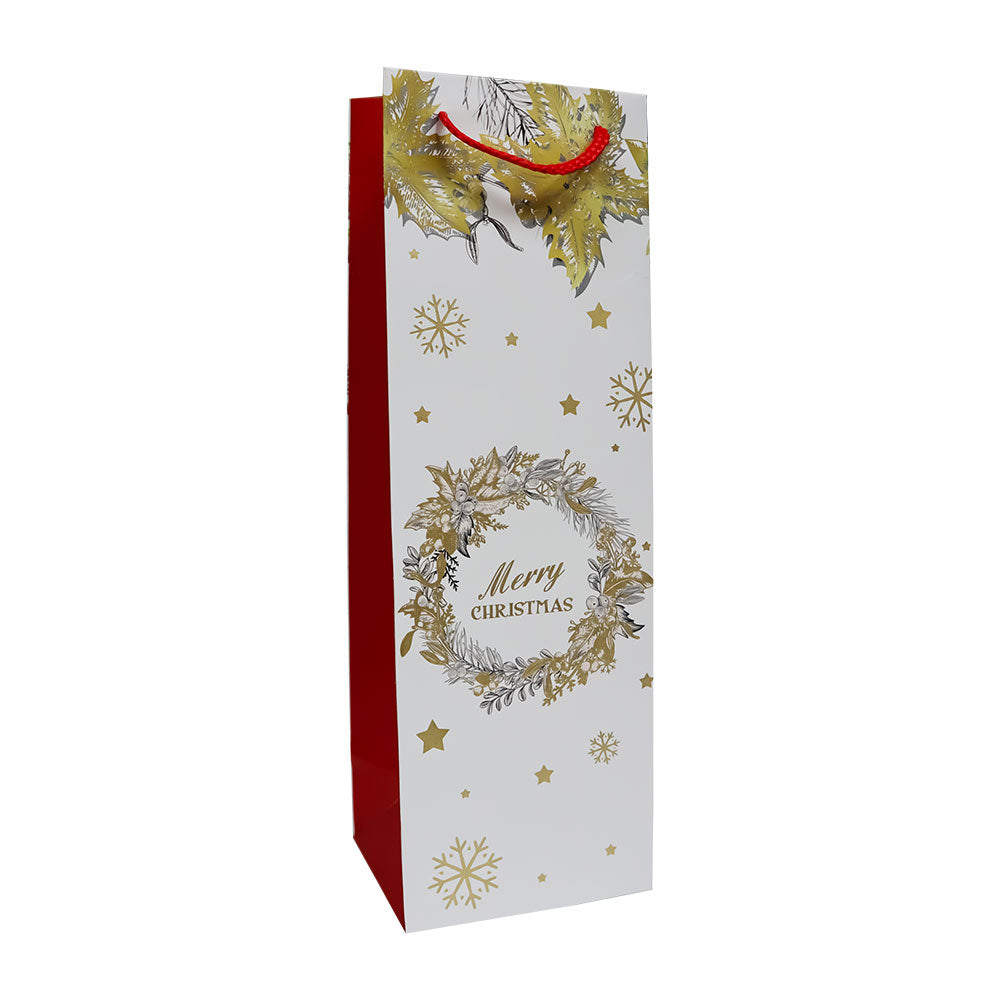 Bolsa de Regalo Navideño para Botella Blanca Estampado Dorado Varios Modelos 36 x 12 x 10 cm 1 pieza ITrade