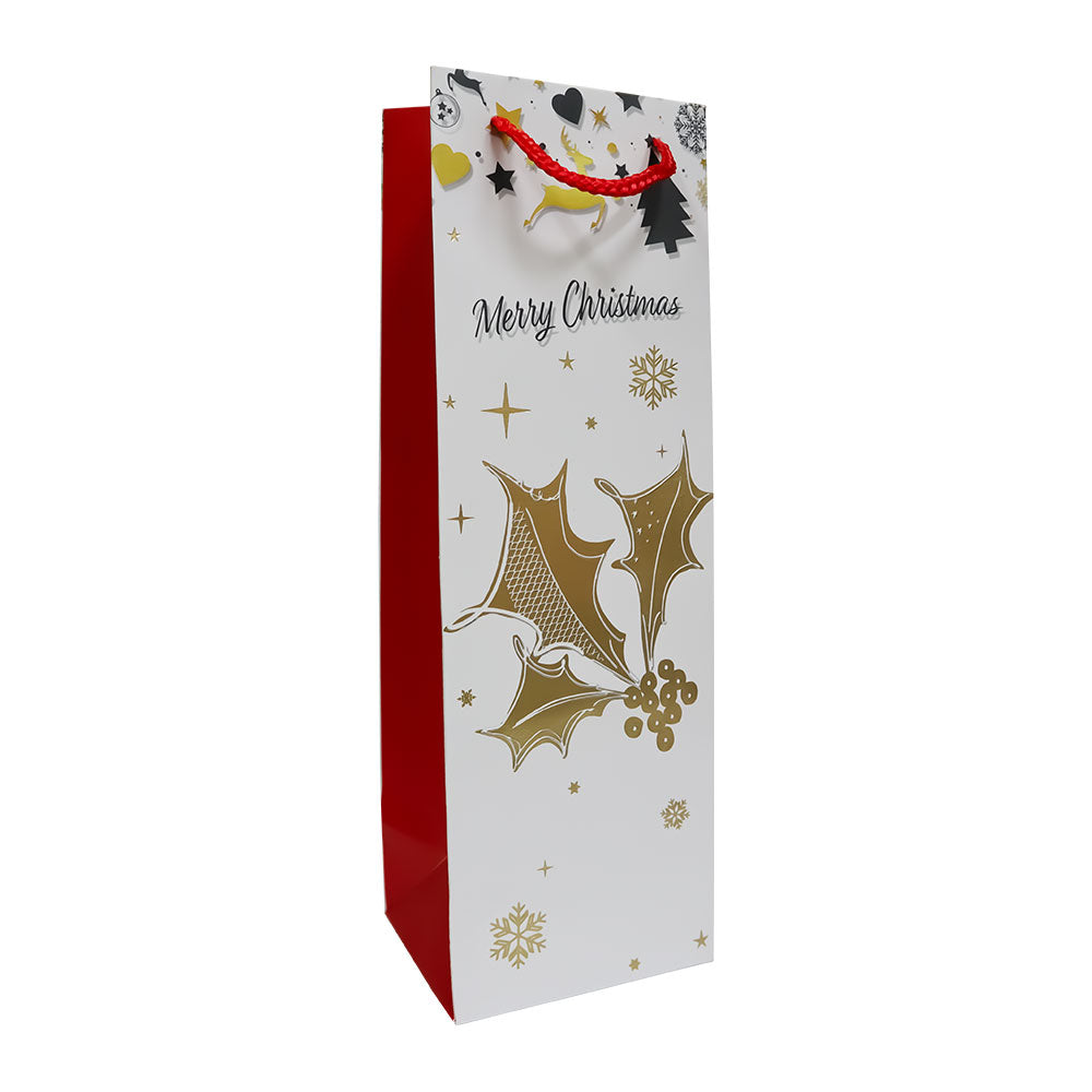 Bolsa de Regalo Navideño para Botella Blanca Estampado Dorado Varios Modelos 36 x 12 x 10 cm 1 pieza ITrade