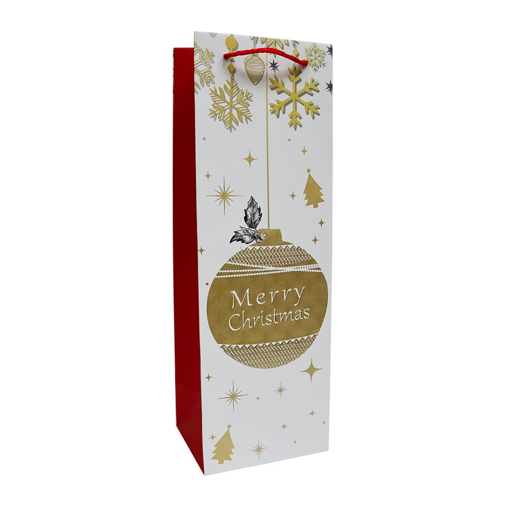 Bolsa de Regalo Navideño para Botella Blanca Estampado Dorado Varios Modelos 36 x 12 x 10 cm 1 pieza ITrade