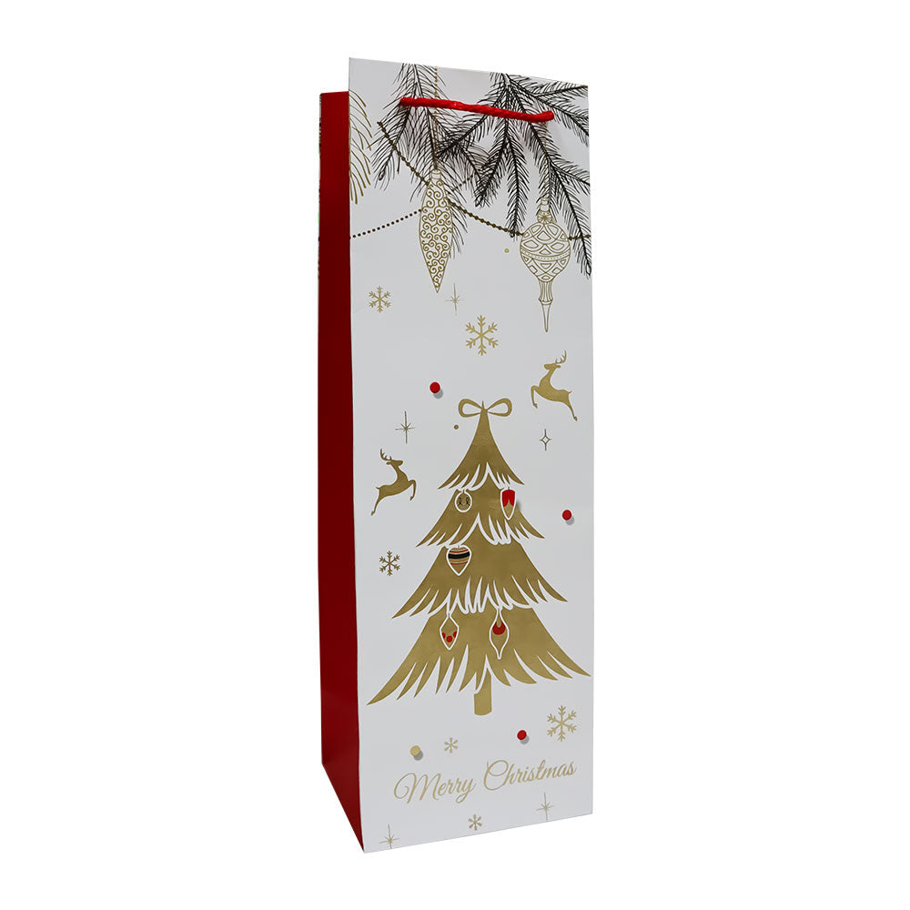 Bolsa de Regalo Navideño para Botella Blanca Estampado Dorado Varios Modelos 36 x 12 x 10 cm 1 pieza ITrade