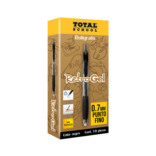Boligrafo Retro Gel Punto Fino Negro Total School C/10 pzas
