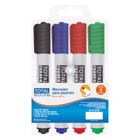 Marcador para Pizarrón Blanco Punta Cincel Estuche 4 piezas Total Office