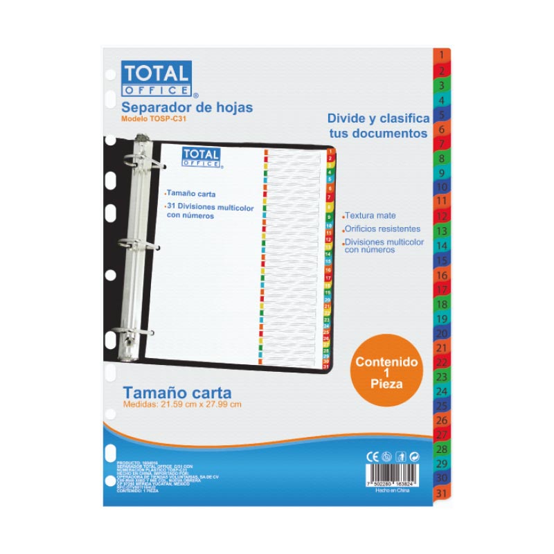 Separador 31 Divisiones con Numeración Plástico Total Office