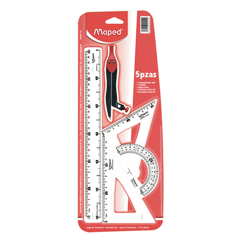 Equipo de Geometría Plástico con Compas Escolar 5 piezas MAPED
