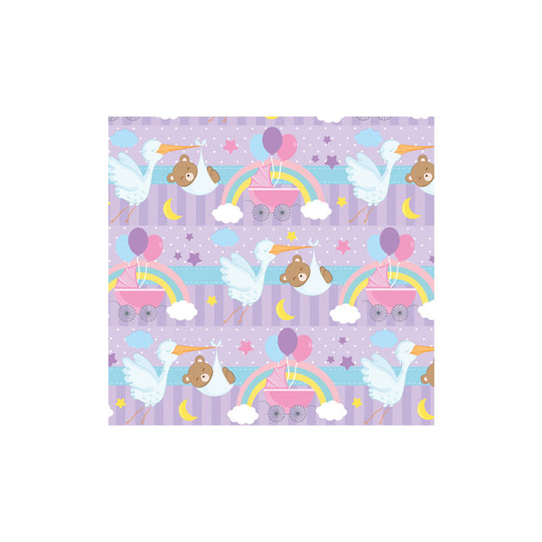 Papel de Regalo Baby Shower Cigüeña y Oso Fondo Morado 70 x 50 cm Pliego 10 piezas Creear