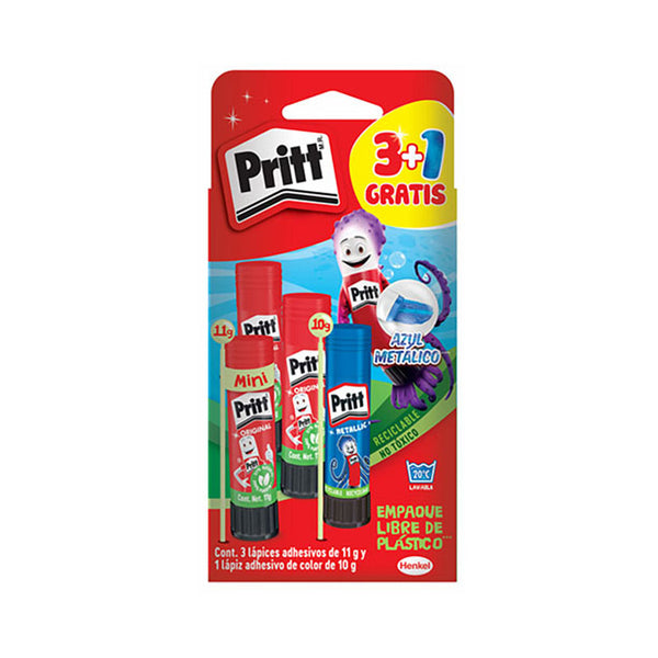 Lápiz Adhesivo Blanco 11 grs 3 piezas + 1 pieza Azul Metal Pritt Henkel