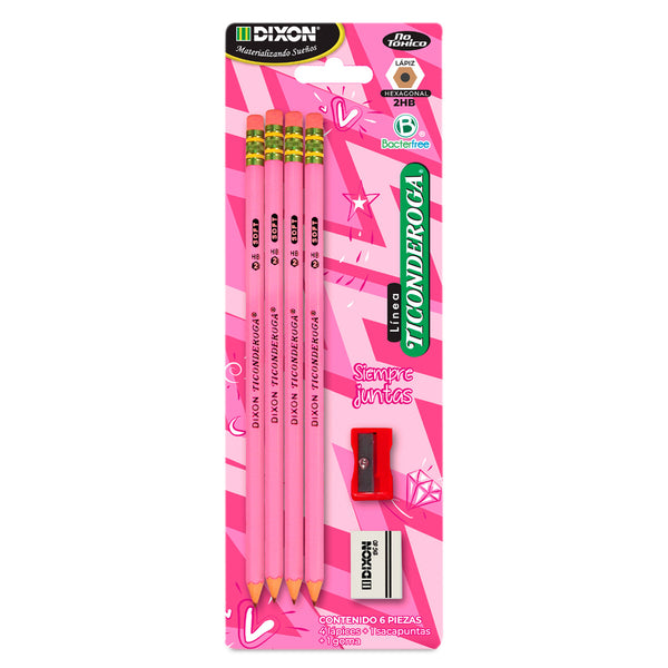 Lápiz Ticonderoga Rosa 4 piezas más Sacapunta/Goma Dixon