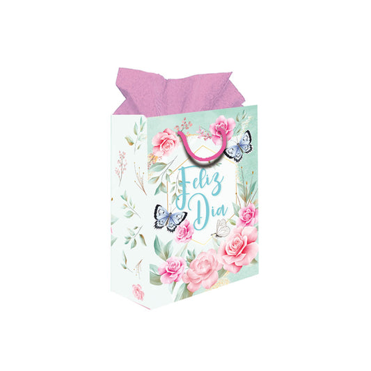 bolsa de regalo dama chica rosas y mariposas 22x15x8 cm pza creear da53