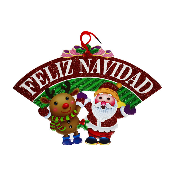 Adorno Navideño Carton Feliz Navidad con Santa y Reno 26 x 18 cm ITrade