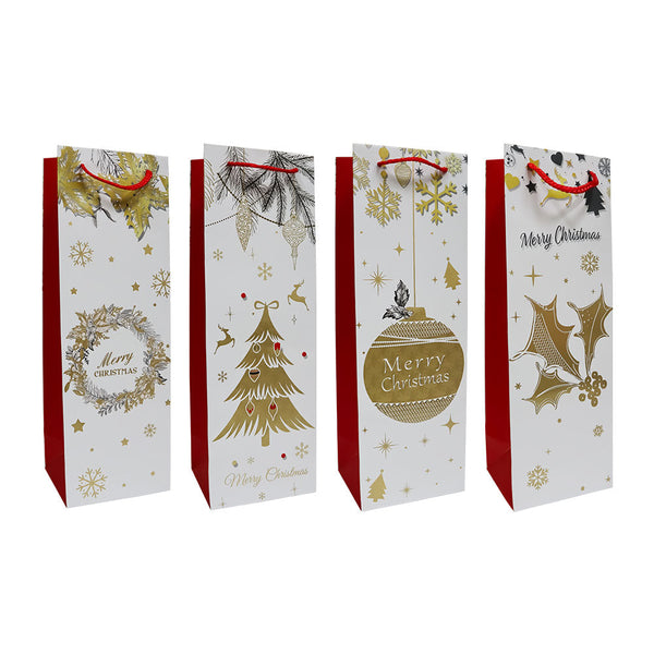 Bolsa de Regalo Navideño para Botella Blanca Estampado Dorado Varios Modelos 36 x 12 x 10 cm Itrade