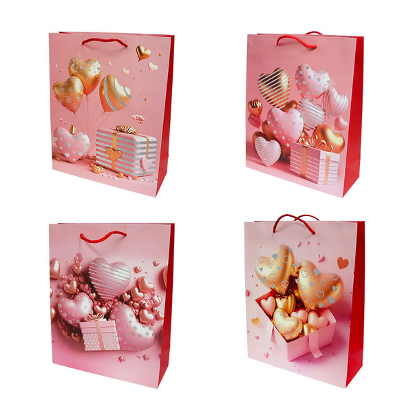 Bolsa de Regalo San Valentín Rosa con Corazones 32 x 26 x 10 cm 4 piezas ITrade