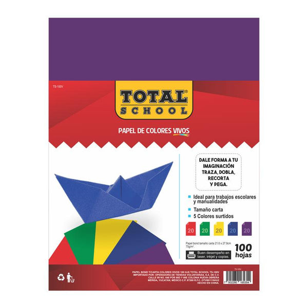 Papel Bond Carta Colores Vivos 100 hjs Total School