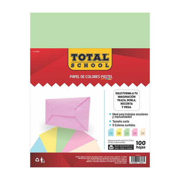 Papel Bond Carta Colores Pastel 100 hjs Total School