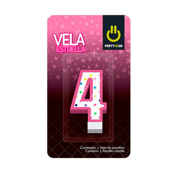 Vela Numérica Estrella Rosa #4 Party Is On C/1 pza Fasemex